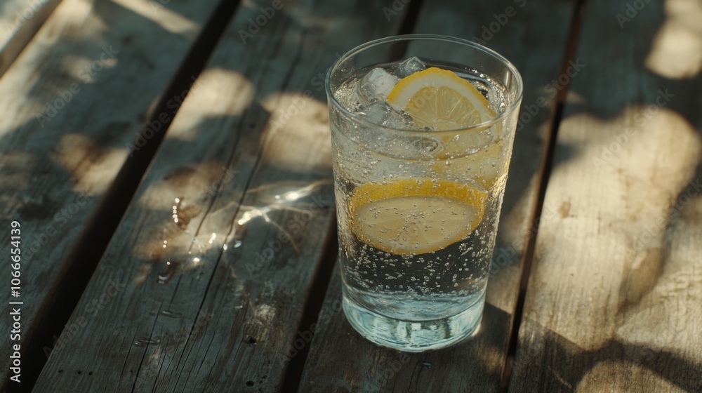 Poster refreshing lemonade with bubbles on wooden table