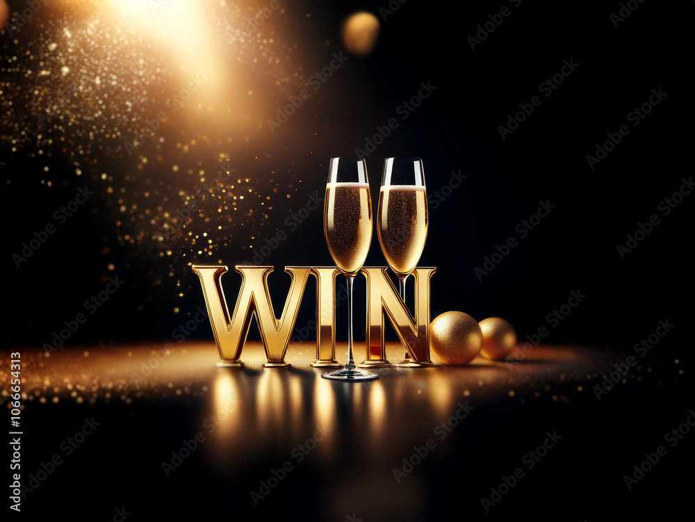 Poster two champagne flutes stand behind the word 