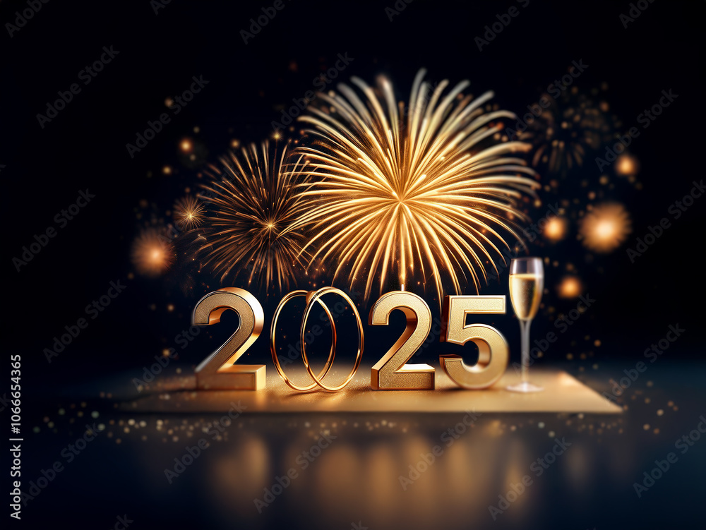 Poster A celebratory scene with golden fireworks exploding in the night sky behind the 3D rendering of the year 2025 with a champagne glass.