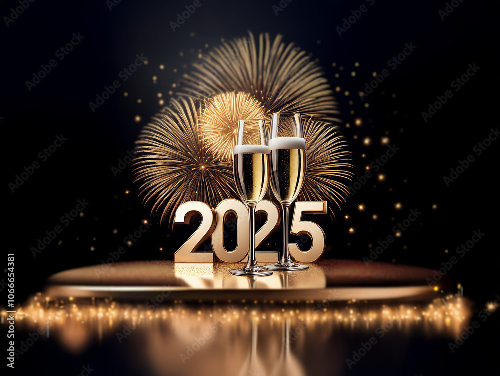 Poster two champagne flutes sit in front of the number 2025, with sparkling fireworks in the background.