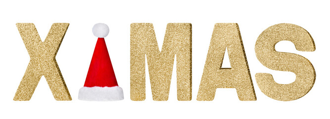 X-MAS Christmas golden letters and red hat isolated on white background