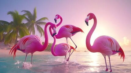 Fototapeta premium Four Pink Flamingos Wading in Tropical Waters at Sunrise