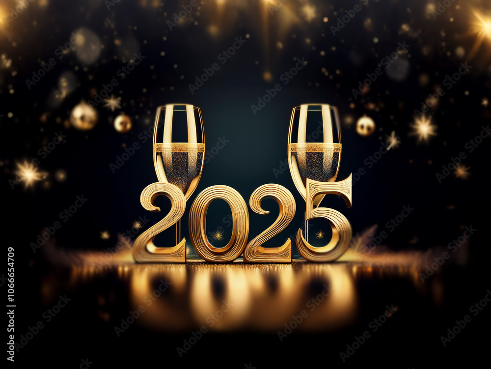 Poster two champagne flutes with sparkling wine stand in front of a golden 2025. glittery lights and bokeh 