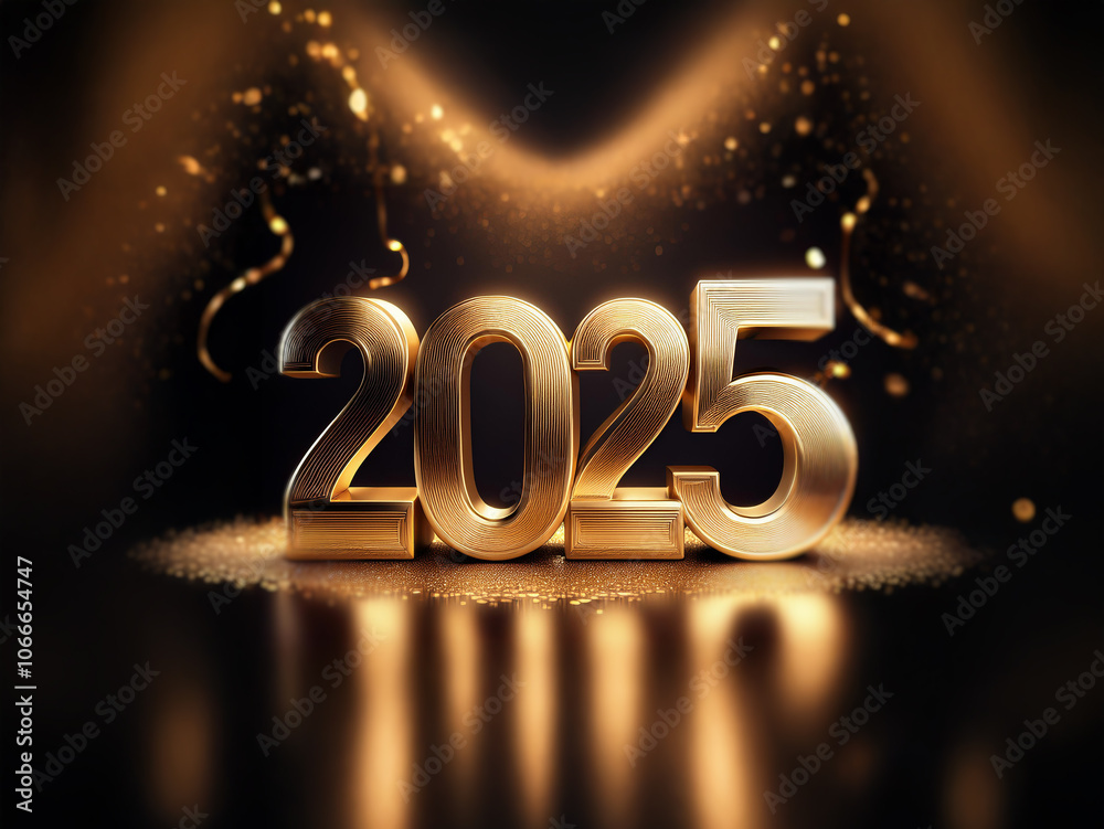 Poster Golden 2025 in bold 3D font with shimmering confetti and spotlights on a dark background.