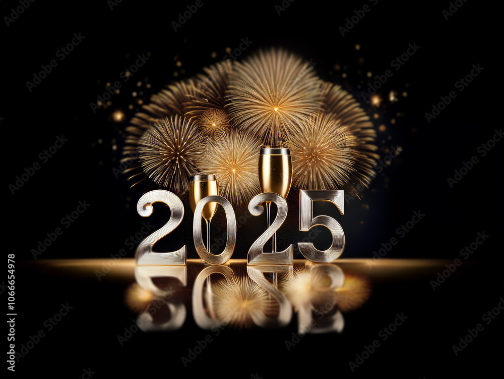 Poster Golden fireworks explode behind 3D silver numerals 