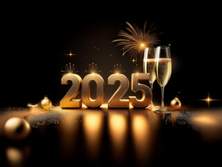 Golden 2025 new year's eve celebration with champagne flutes and sparkling fireworks.