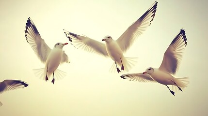 Obraz premium Three White Seagulls In Flight Against A Hazy Sky