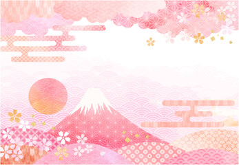 水彩タッチの桜と赤い富士山の和柄背景