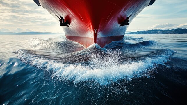 A large ship cuts through serene waters, creating splashes as it moves forward. The bright red bow is prominent against the blue sea and sky, showcasing maritime activity.