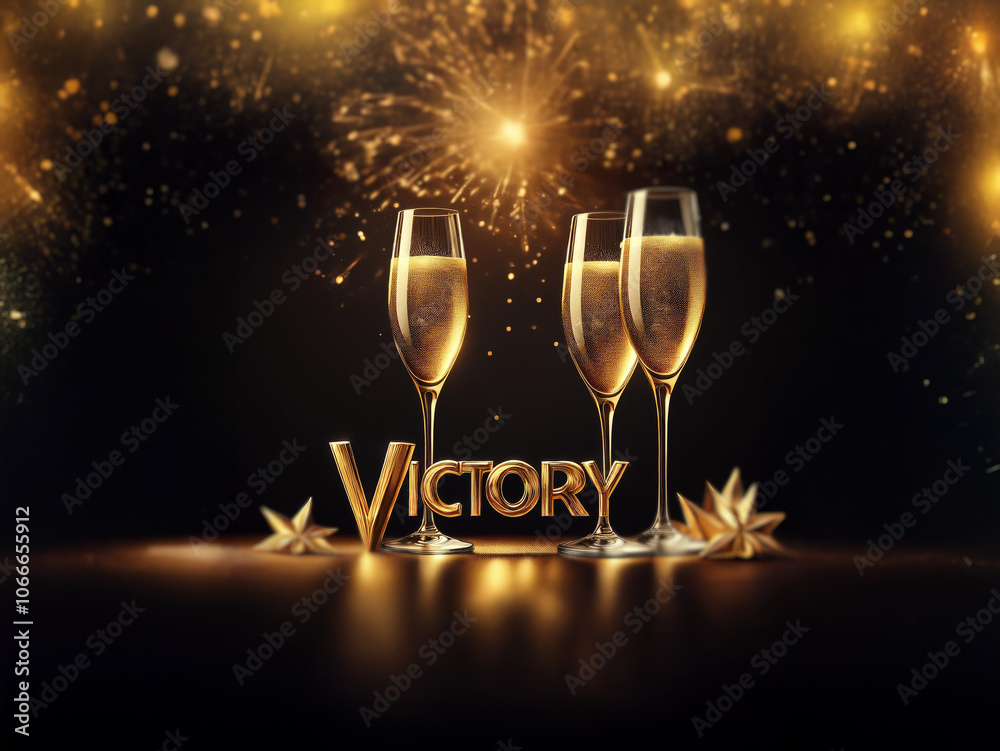 Poster Three champagne glasses with golden liquid and the word 
