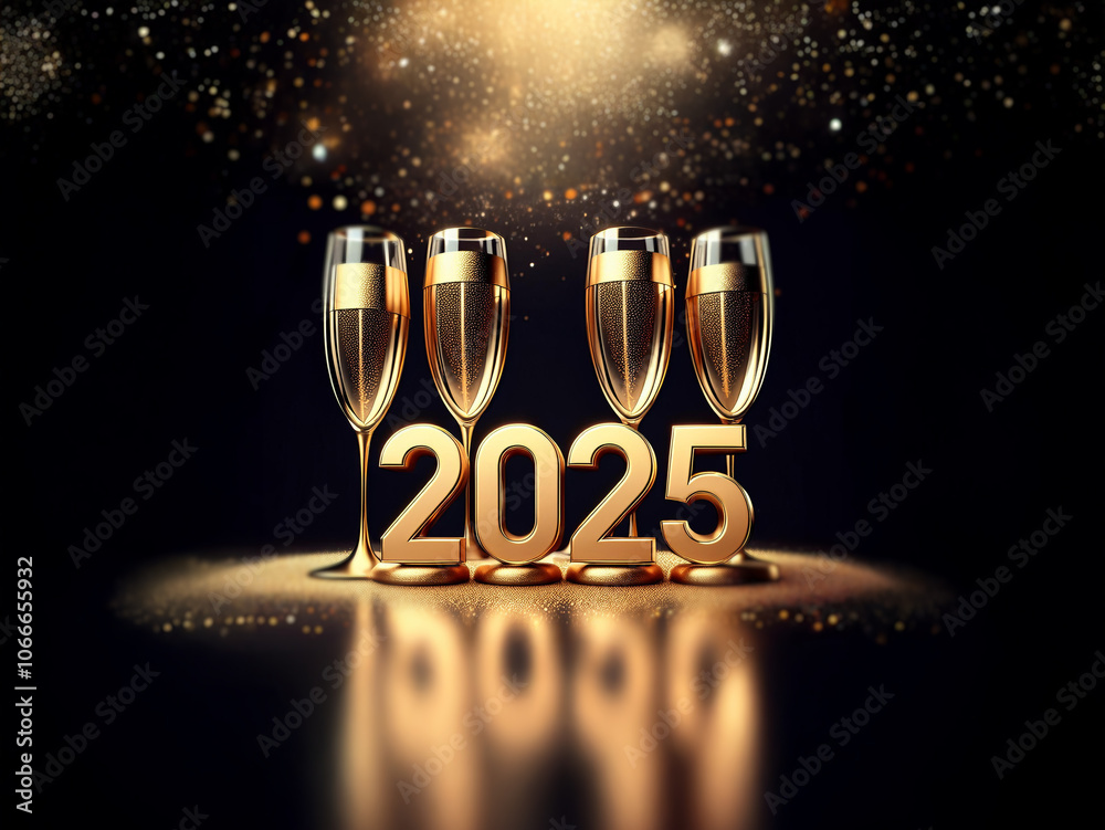Poster Four champagne flutes stand in front of gold 2025 numerals on a reflective surface with a golden bokeh background.
