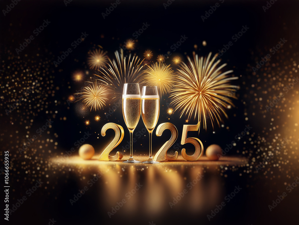 Poster Two champagne flutes stand before the golden numbers 2025, with fireworks exploding in the background.