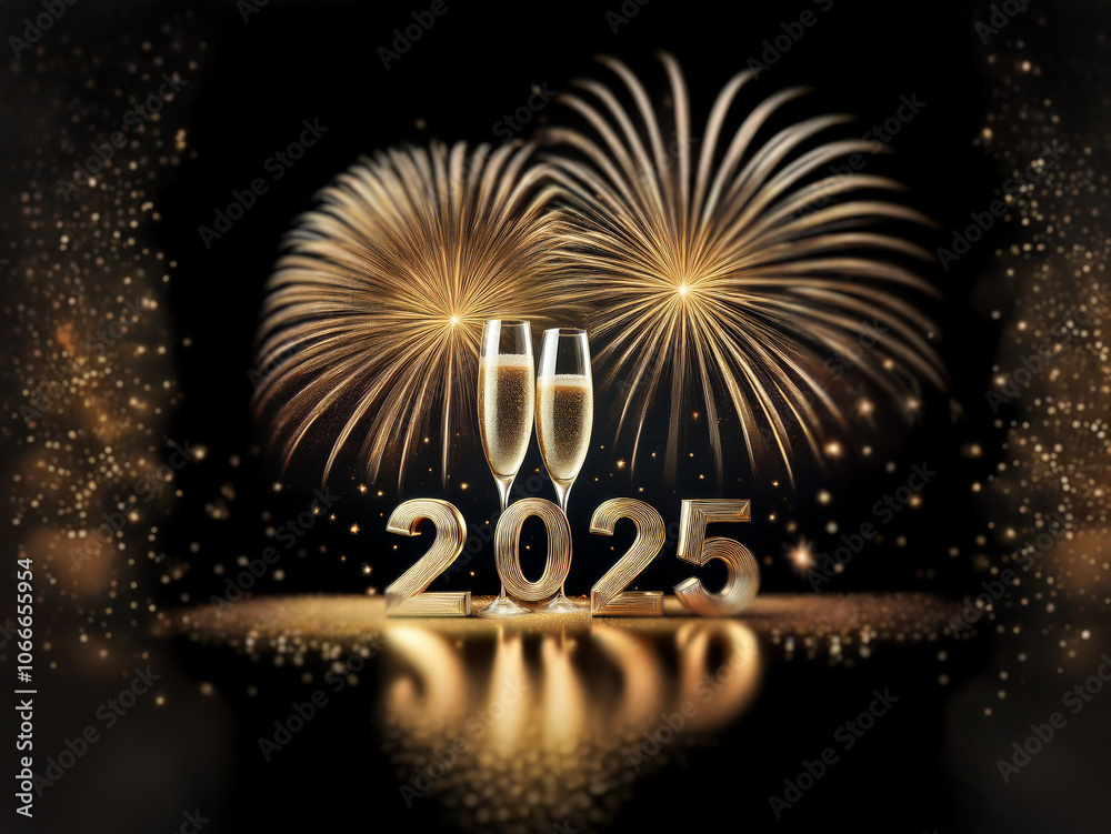 Aufkleber Two champagne flutes stand in front of the number 2025, with fireworks exploding in the background.