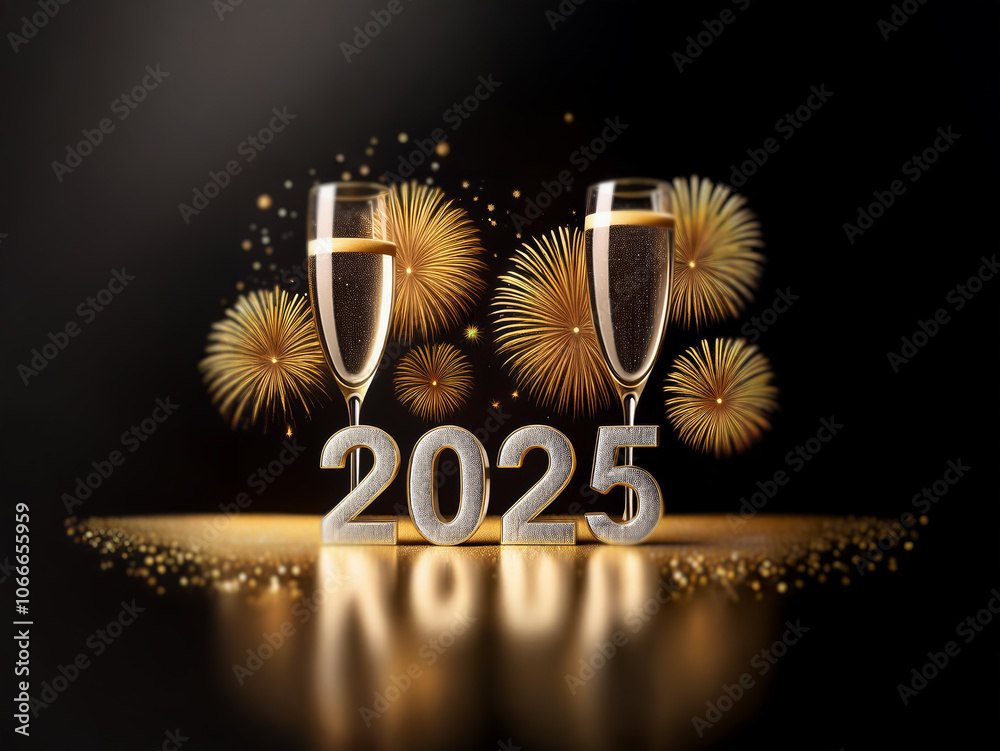 Poster Two champagne flutes with golden fireworks in the background and the year 2025 in 3D white text on a reflective surface.