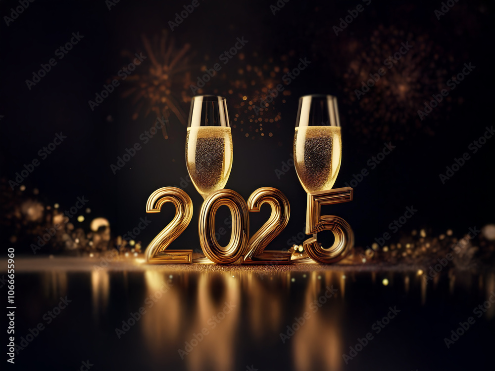 Poster Two champagne flutes with golden liquid stand in front of the golden numbers 2025.  A sparkling background of fireworks and lights complete the festive scene.