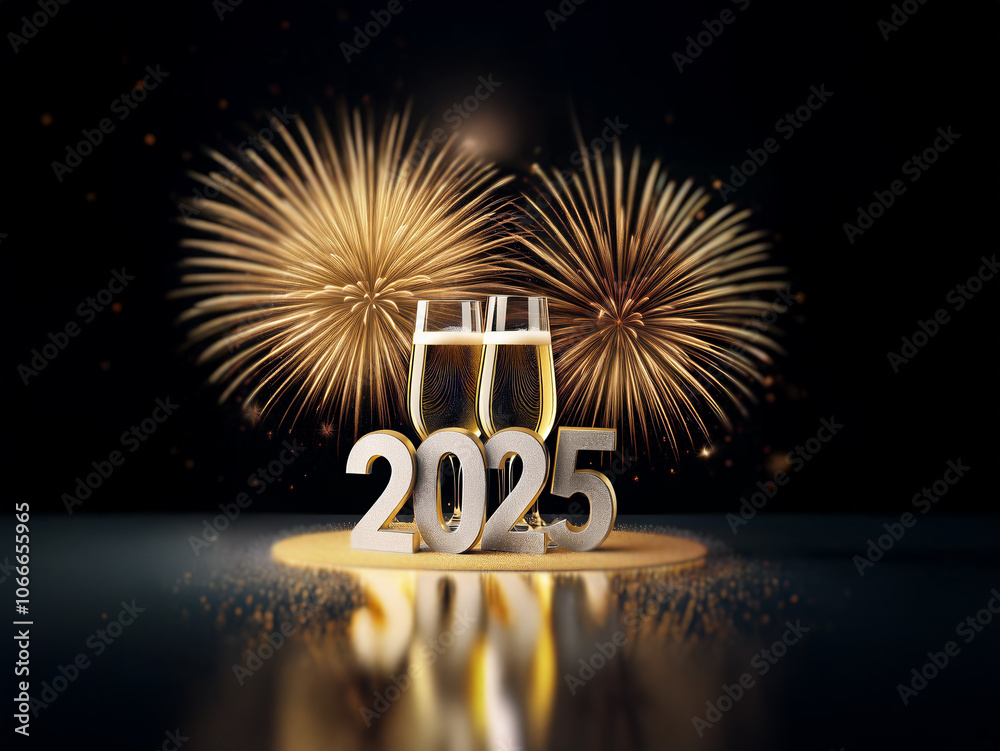 Poster two champagne flutes and the year 2025 are in front of a dark background with two bursts of golden f