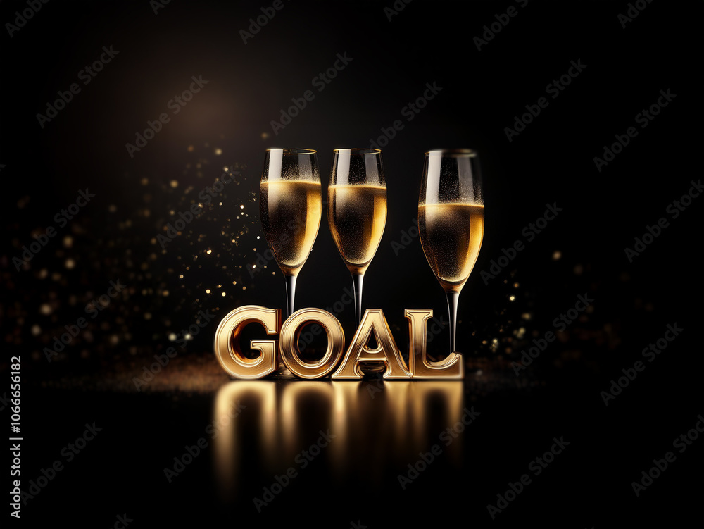 Poster Three champagne flutes filled with sparkling golden liquid stand in front of the word 