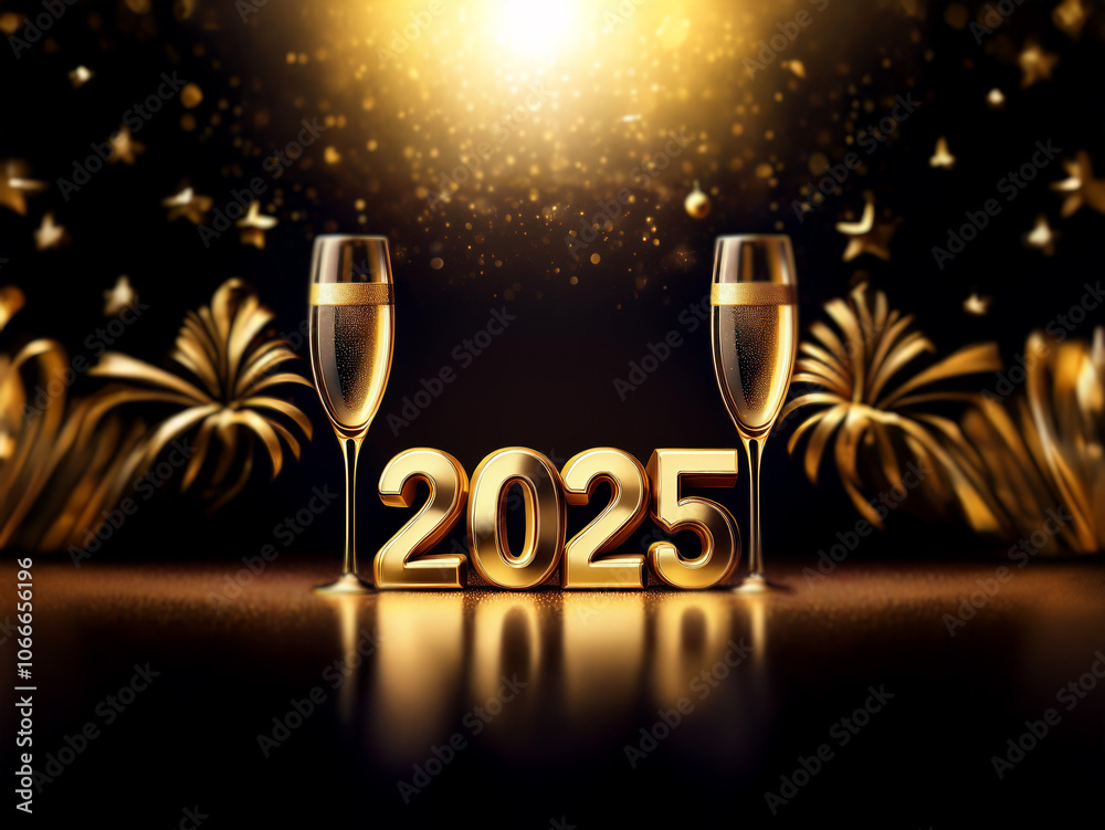 Poster two champagne flutes stand in front of a golden 2025. the background is black with glowing lights an