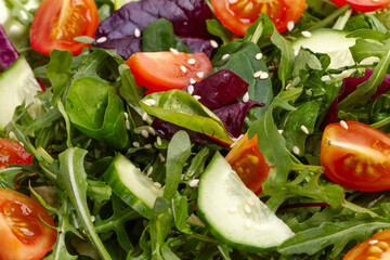 Vegetable salad of tomato, cucumber, greens with sesame on the plate.