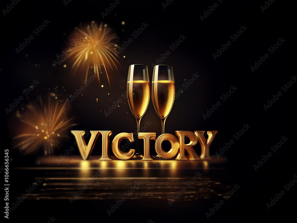 Poster two golden champagne flutes with sparkling wine stand in front of the word 