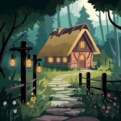Path leading to a cozy cottage in the woods. digital illustration