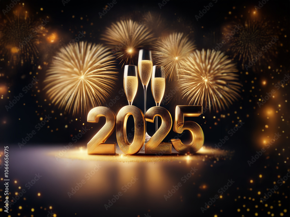 Poster gold 2025 numerals with champagne flutes in front of fireworks against a dark background.