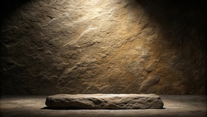 A solitary stone platform bathed in the warm glow of a single light source against a textured rock wall