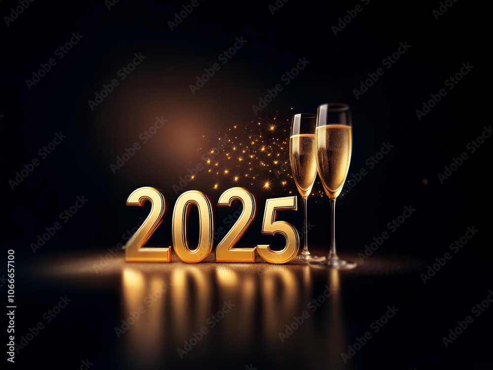 Poster Two champagne flutes with golden liquid stand beside the gold number 2025 on a dark background with scattered sparkles.