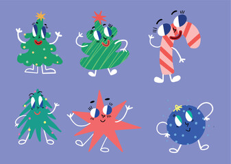 Flat vector illustration in playful style with festive holiday characters like Christmas trees, candy cane, star, and ornament. Bright and cheerful, ideal for seasonal decor and greeting designs.