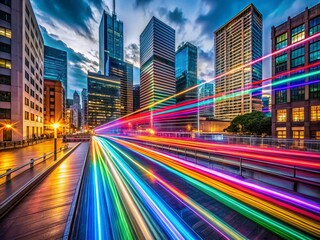 Futuristic rainbow art illuminates the urban landscape.