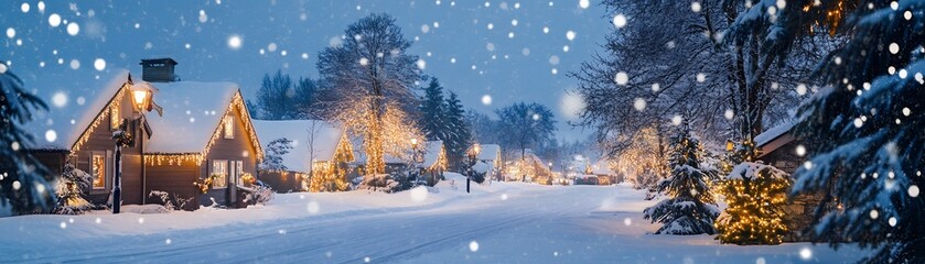 Fototapeta premium A Snowy Christmas Night in a Quaint Neighborhood
