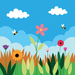 Fototapeta premium a beautiful summer meadow filled with swaying grasses, buzzing bees, and vibrant flowers