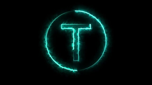 Neon T text intro animation, cyan neon T logo intro animated on black background