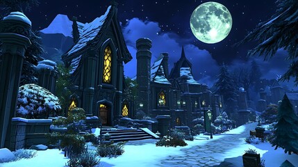 A Nighttime View of a Snow-Covered Village with a Large Full Moon