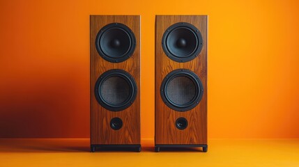 Two wooden speakers with black speaker grilles against a bright orange wall.