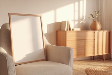 Empty frame on cozy chair in a modern bedroom with natural light, interior mockup scene