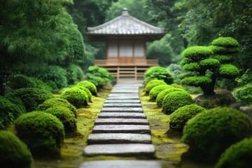 Fototapeta premium A serene pathway through a lush garden leading to a traditional wooden pavilion.