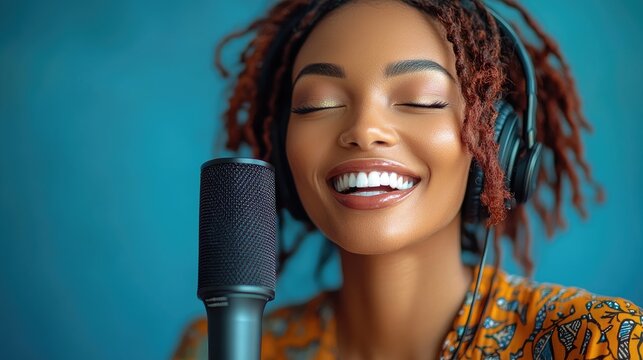 A young woman with dreadlocks sings into a microphone while wearing headphones. She has her eyes closed and is smiling.
