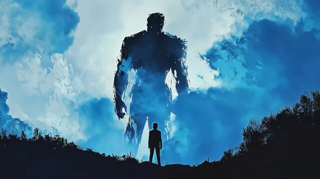 A lone figure stands in awe as a giant emerges from the clouds, casting a long shadow on the landscape below