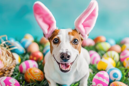Easter Pet. Happy Dog Wearing Bunny Ears Surrounded by Easter Eggs