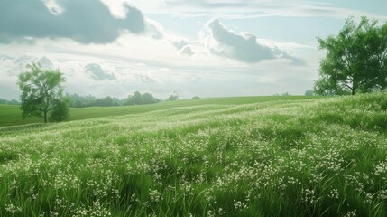 Vibrant green fields stretch endlessly, dotted with blossoming flowers, as trees sway gracefully in the cool spring wind beneath a tranquil, cloudy sky.