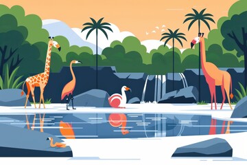 Diverse ecosystem with giraffes, flamingos, and other wildlife near a pond, surrounded by palm trees and lush greenery, vibrant colors represent harmony in biodiversity balanced environment.