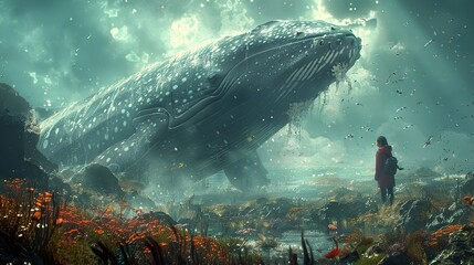 Fototapeta premium A Woman Gazes at a Giant Whale in a Dreamlike Seascape