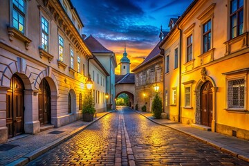 Fototapeta premium Historic Zagreb Radiceva Street and Kamenita Vrata Stone Gate Evening View - Stunning Low Light Photography, Architecture, Night Scene, Croatia, Travel Destination, European City, Old Town Charm