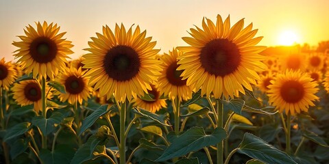 Obraz premium Sunflower Field at Golden Hour – Stunning Sunset Landscape with Vibrant Sunflowers