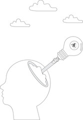 Businesswoman riding on the idea light bulb rocket spaceship, space shuttle that is going to launch from the giant man's head