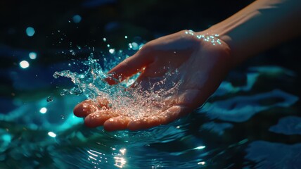 Fototapeta premium Close-Up of a Hand Splashes Water, Capturing the Beauty of Motion and Fluidity