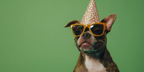 A playful Staffordshire Terrier in a cone party hat and oversized sunglasses, posing against a green background, looking ready to celebrate