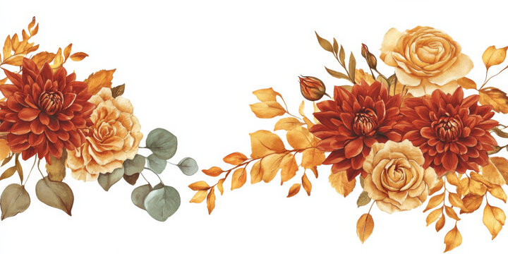 Watercolor autumn floral corner border featuring burnt orange dahlias, roses, and eucalyptus leaves, framed with yellow and terracotta foliage. Rustic fall wedding frame design