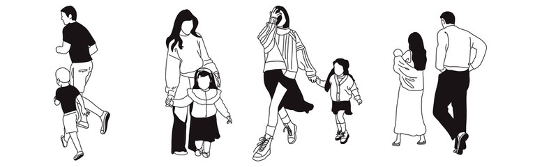 Hand-drawn doodle family icon set. Outline family clipart. Hand-drawn black art.